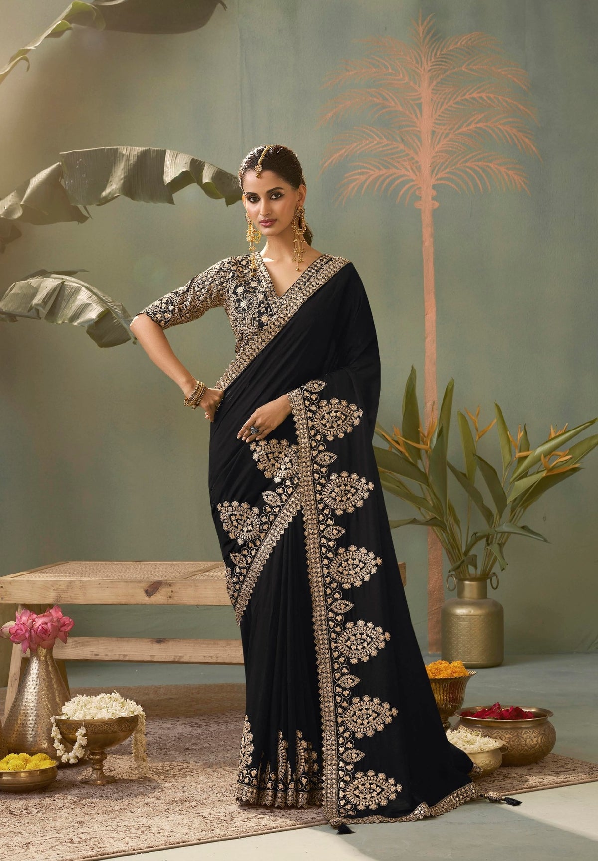 Midnight Black Silk Saree with Intricate Gota Patti Embroidery