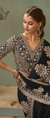 Midnight Black Silk Saree with Intricate Gota Patti Embroidery