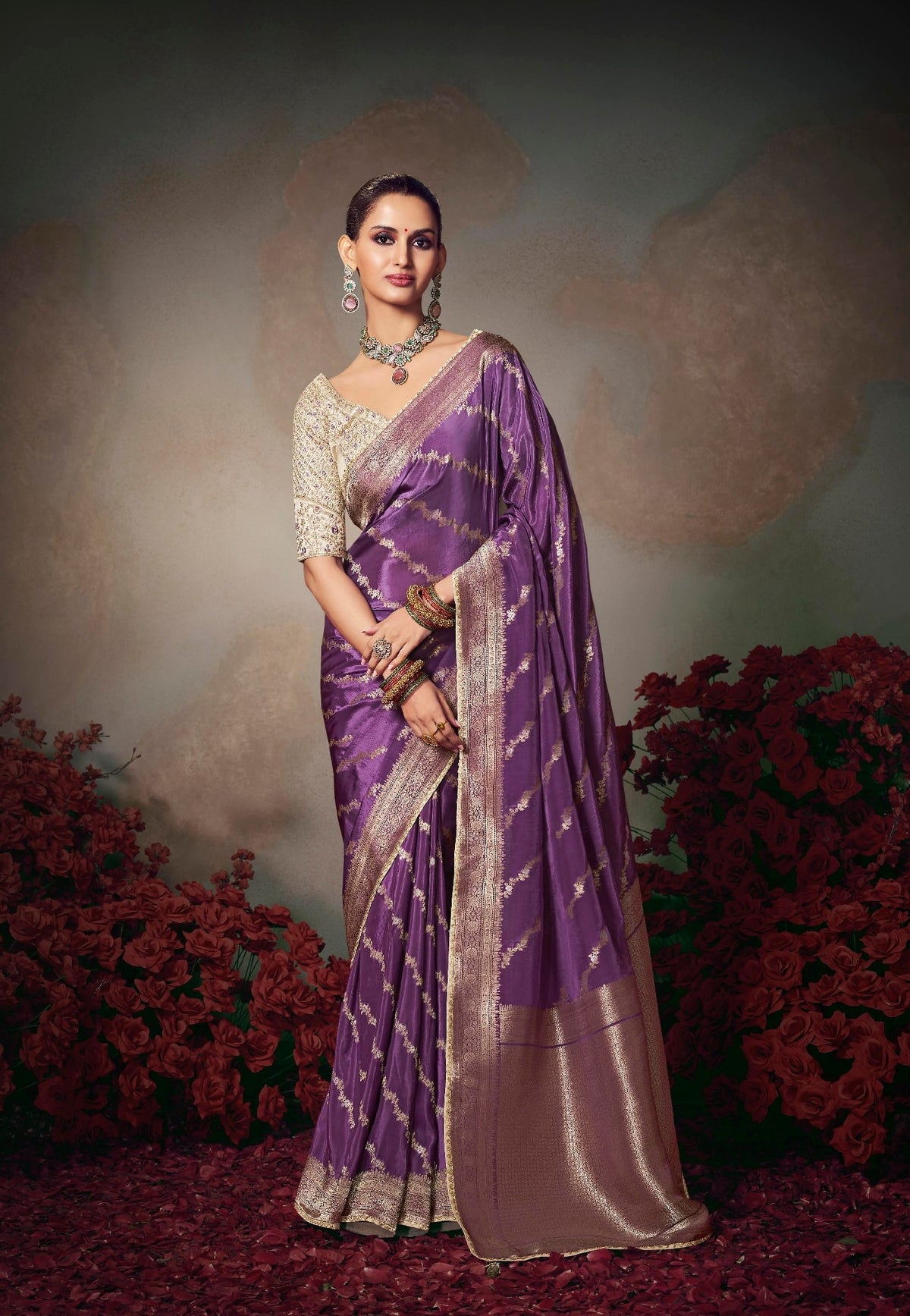 Orchid Purple Banarasi Saree with Cream Embroidered Blouse