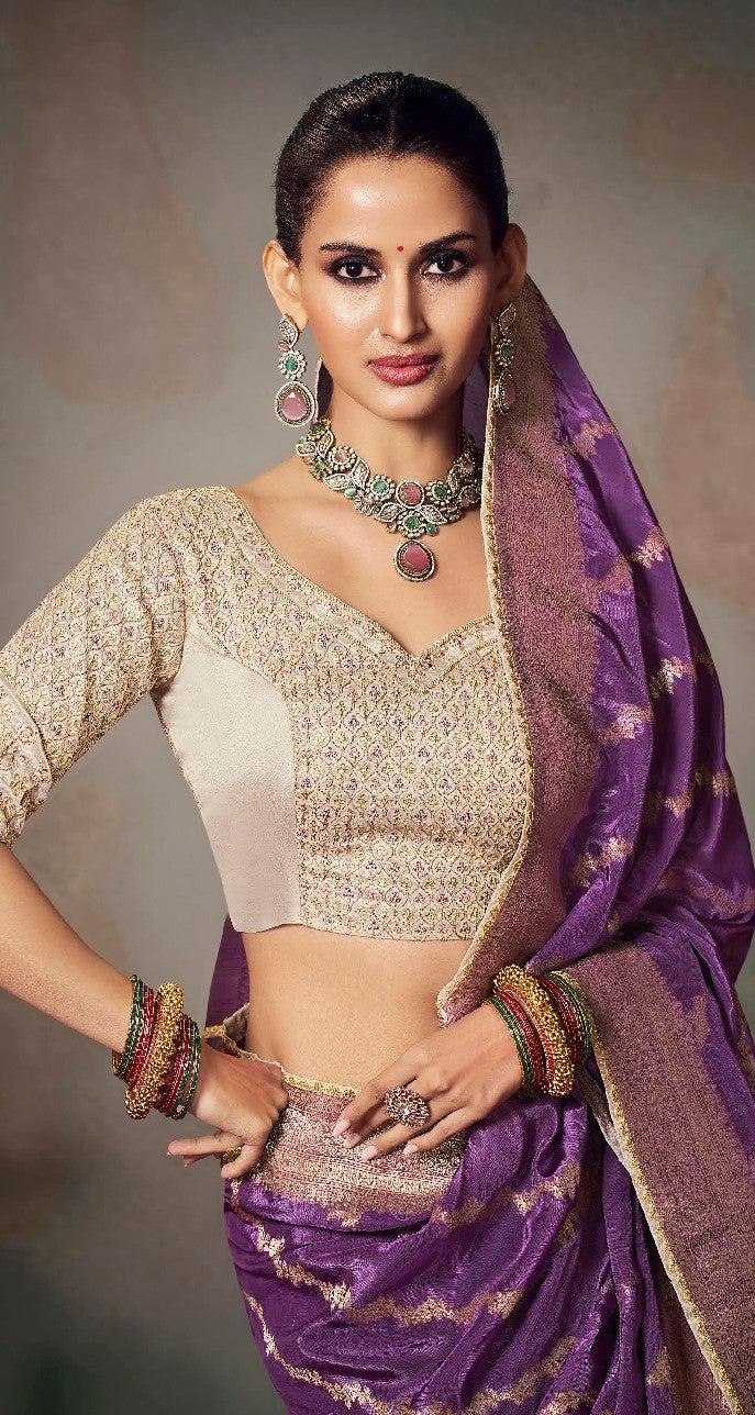 Orchid Purple Banarasi Saree with Cream Embroidered Blouse
