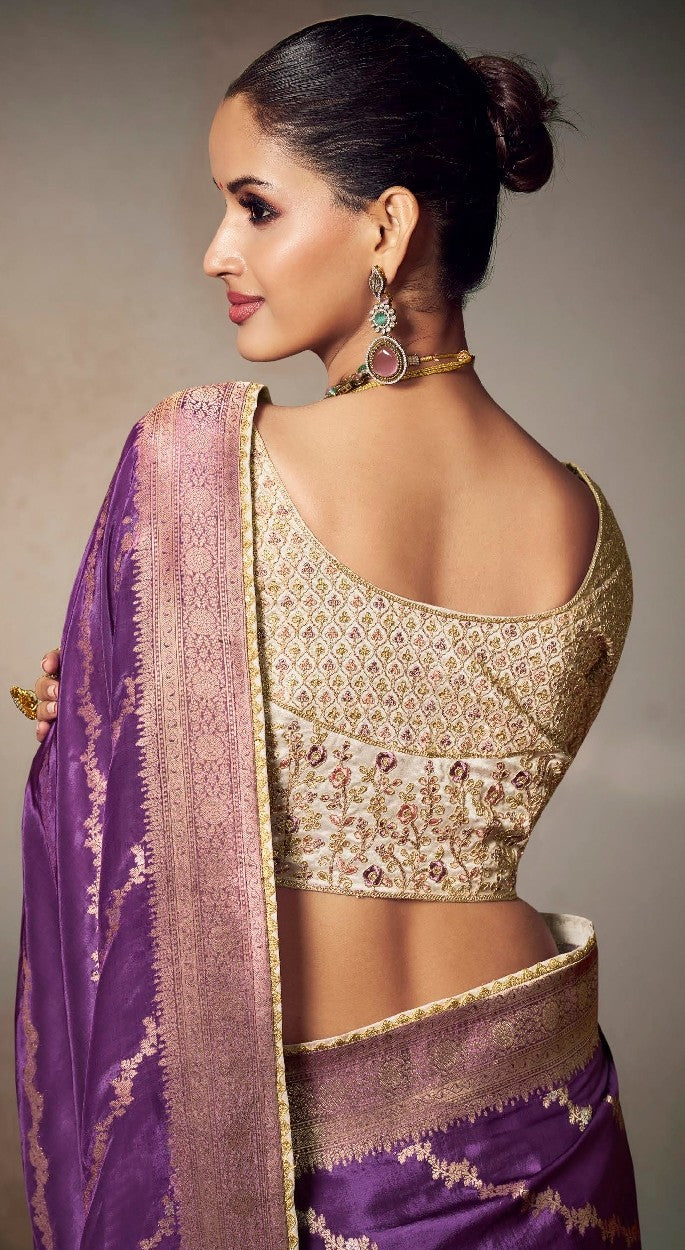Orchid Purple Banarasi Saree with Cream Embroidered Blouse