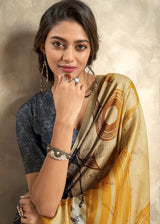Navy Blue Satin Silk Saree with Abstract Art Print & Contrast Pallu