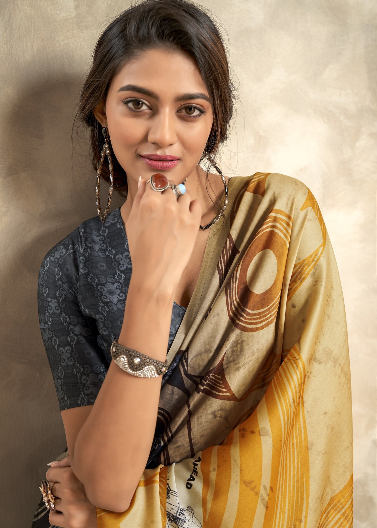 Navy Blue Satin Silk Saree with Abstract Art Print & Contrast Pallu