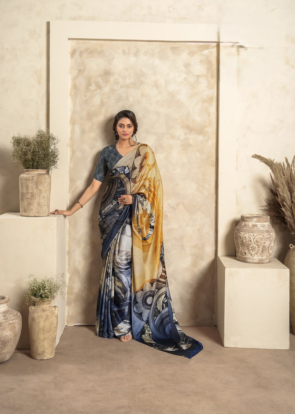 Navy Blue Satin Silk Saree with Abstract Art Print & Contrast Pallu