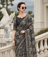 Black Pure Mul Silk Saree With Ivory Traditional Motifs