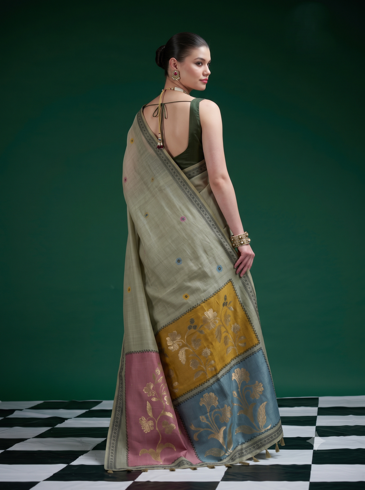 Olive Green Jamdani Cotton Saree With Gold Floral Woven Pallu & Tassel Detailing