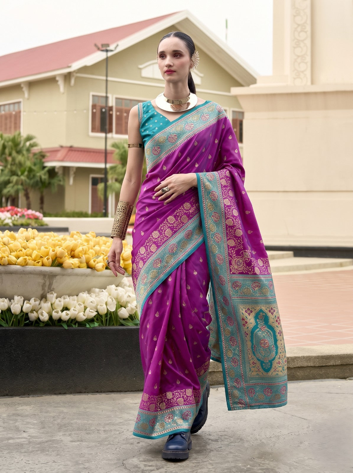 Rani Pink Pure Soft Banarasi Silk Saree with Turquoise Woven Border