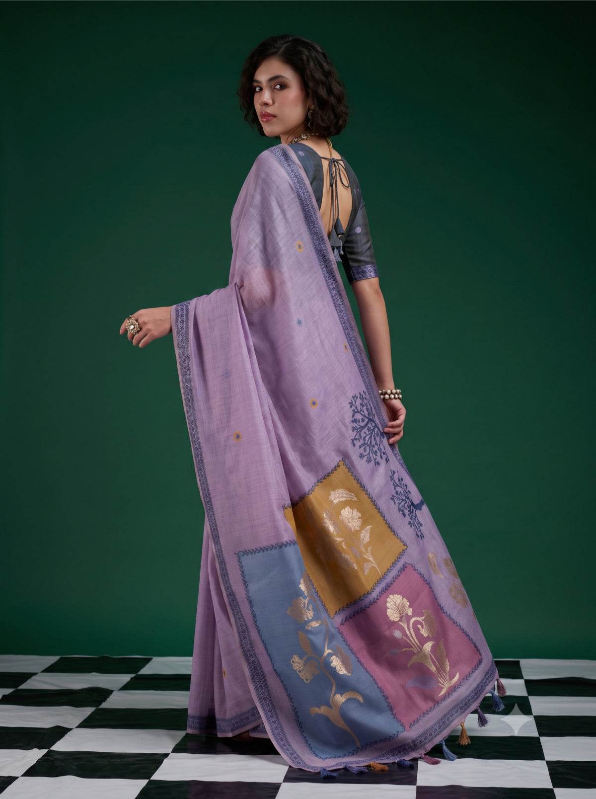 Purple Bloom Jamdani Cotton Saree with Floral Woven Pallu