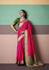 Rani Pink Patola Silk Saree with Traditional Floral Border & Multicolour Tassel Pallu