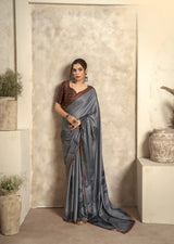 Smoky Grey Satin Silk Saree with Abstract Print & Contrast Brown Border