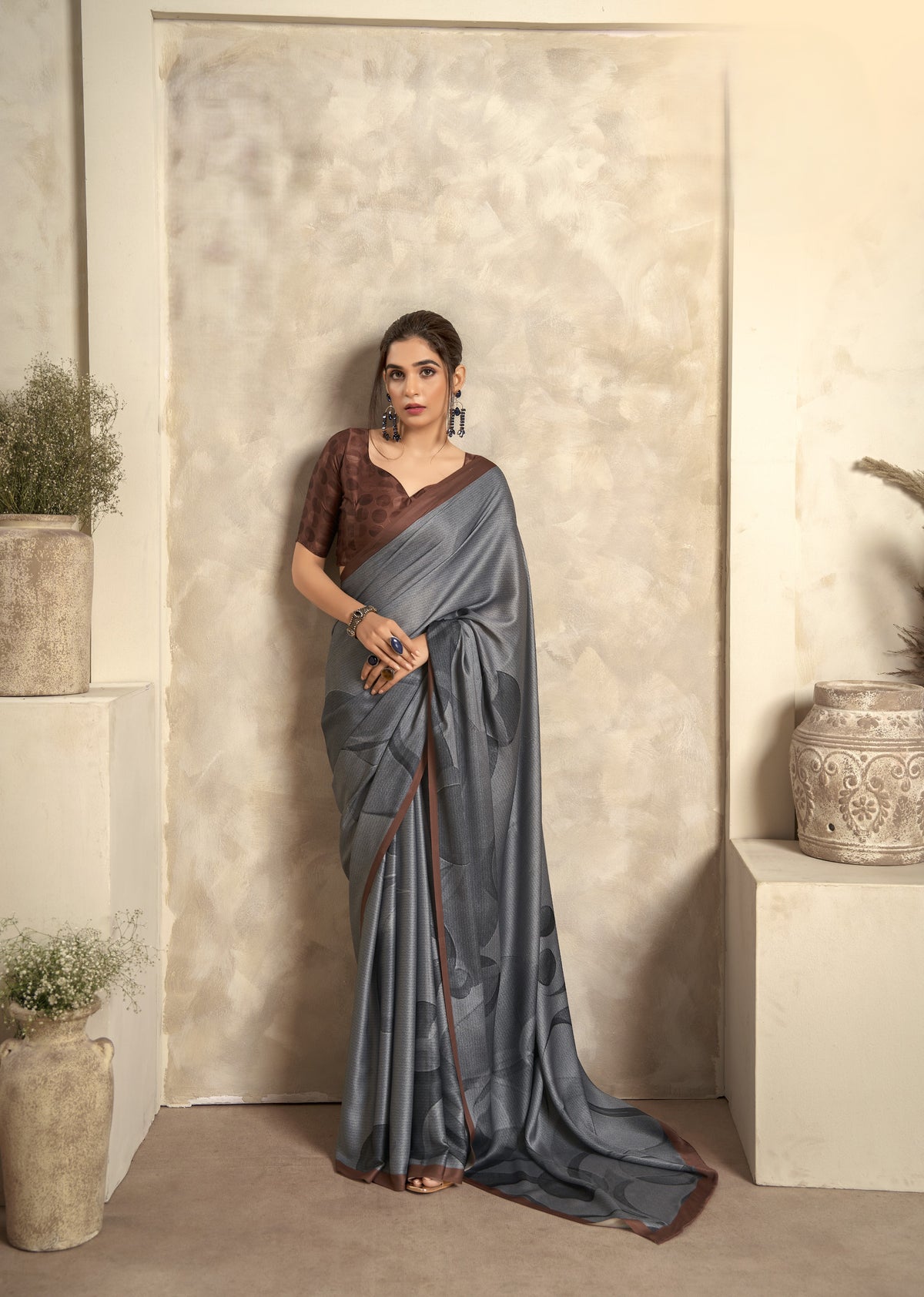Smoky Grey Satin Silk Saree with Abstract Print & Contrast Brown Border