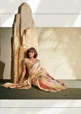 Beige Soft Handloom Silk Saree with Gold Floral Motifs & Pastel Shading