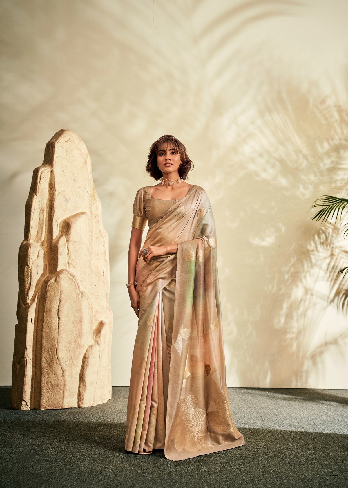 Beige Soft Handloom Silk Saree with Gold Floral Motifs & Pastel Shading
