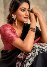 Forest Black Printed Satin Silk Saree