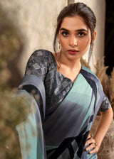 Sea Green Satin Silk Saree with Modern Geometric Print & Contrast Pallu
