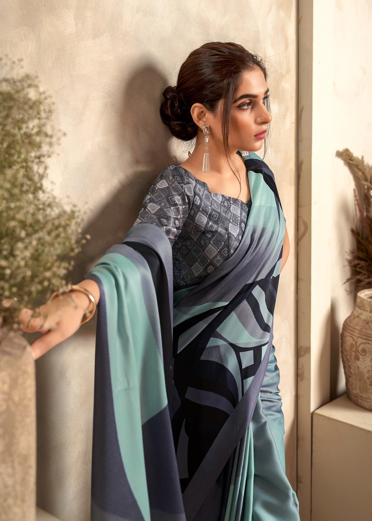 Sea Green Satin Silk Saree with Modern Geometric Print & Contrast Pallu