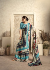 Teal Blue Satin Silk Saree with Geometric Prints & Floral Pallu