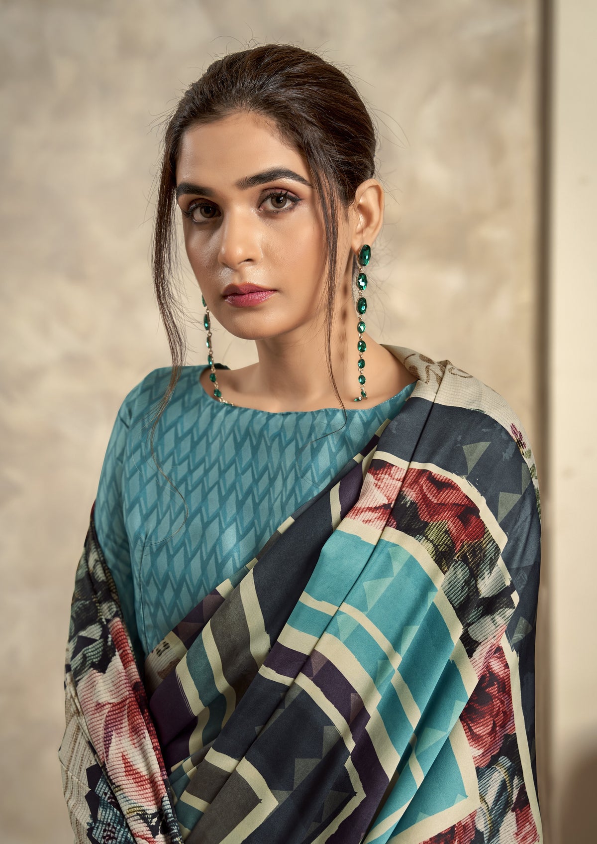 Teal Blue Satin Silk Saree with Geometric Prints & Floral Pallu