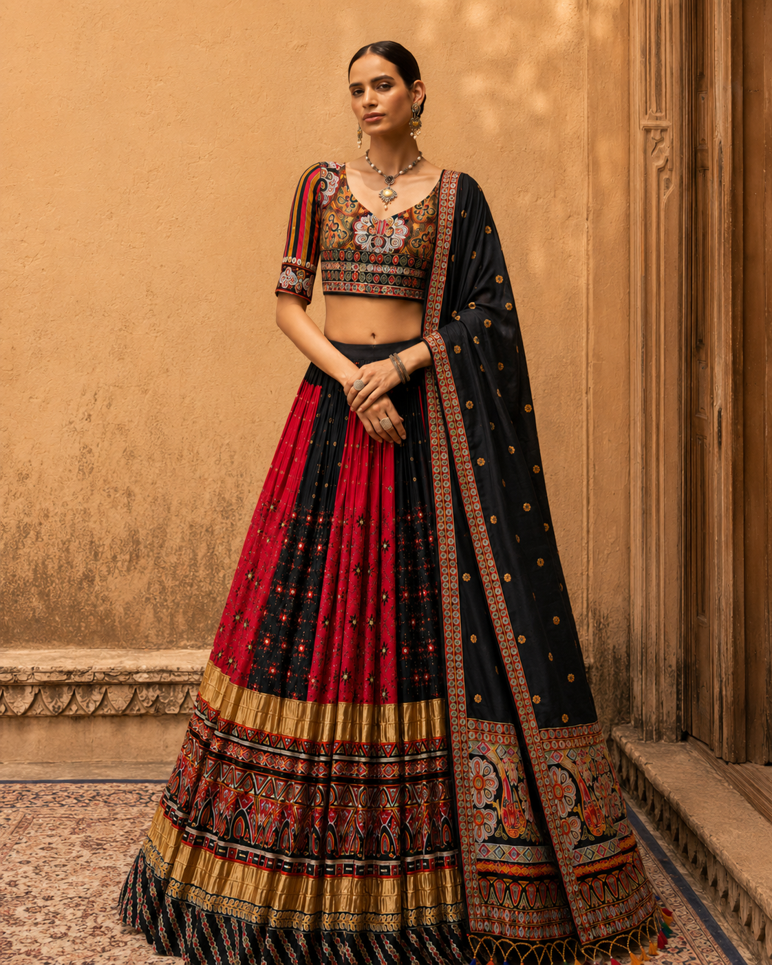 Digital Print Mirror Work Navratri Lehenga Set