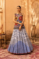 Blue Digital Print Gamthi Embroidery Navratri Lehenga Set