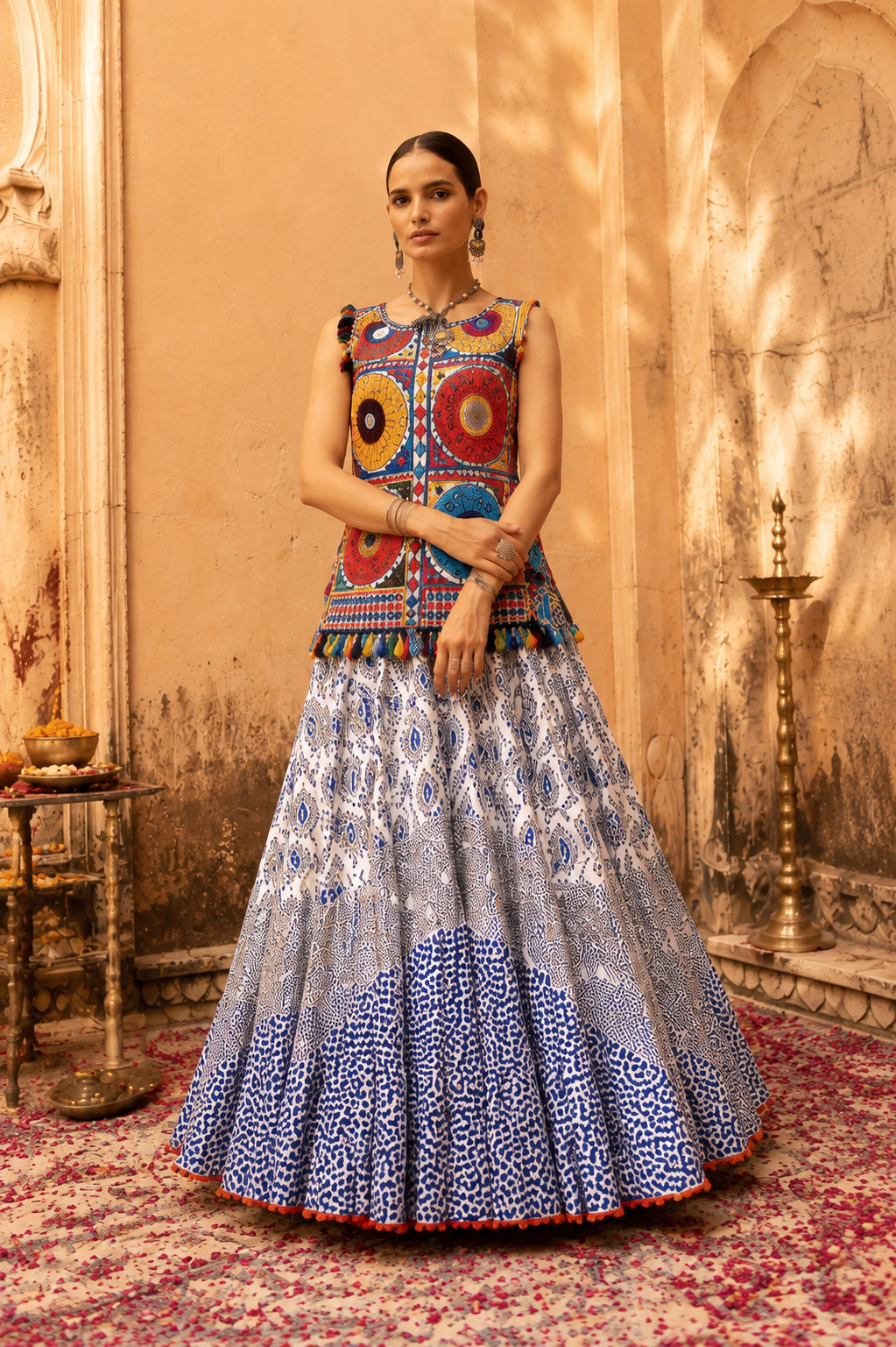 Blue Digital Print Gamthi Embroidery Navratri Lehenga Set