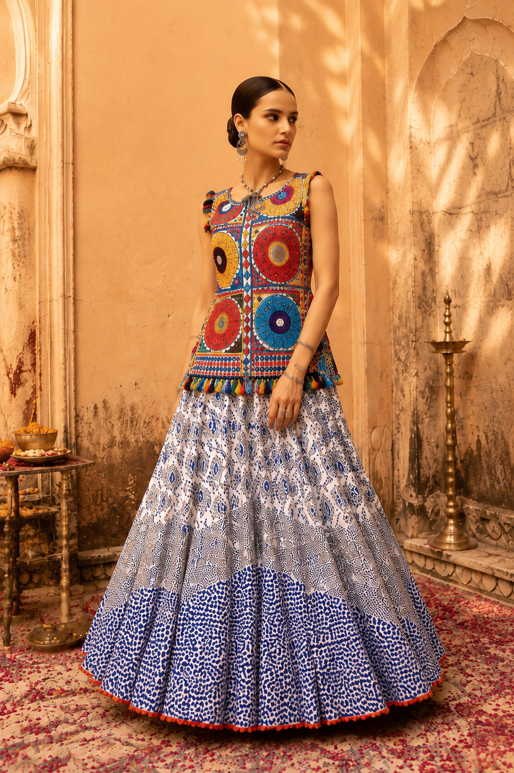 Blue Digital Print Gamthi Embroidery Navratri Lehenga Set
