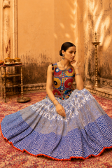 Blue Digital Print Gamthi Embroidery Navratri Lehenga Set