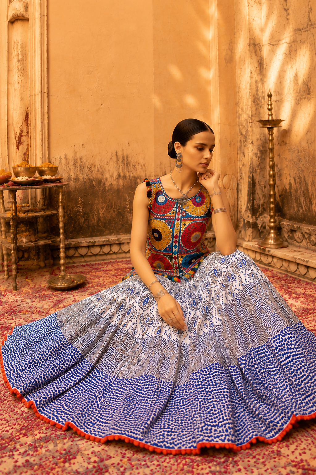 Blue Digital Print Gamthi Embroidery Navratri Lehenga Set