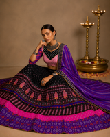 Black Digital Print Mirror Work Navratri Lehenga Set