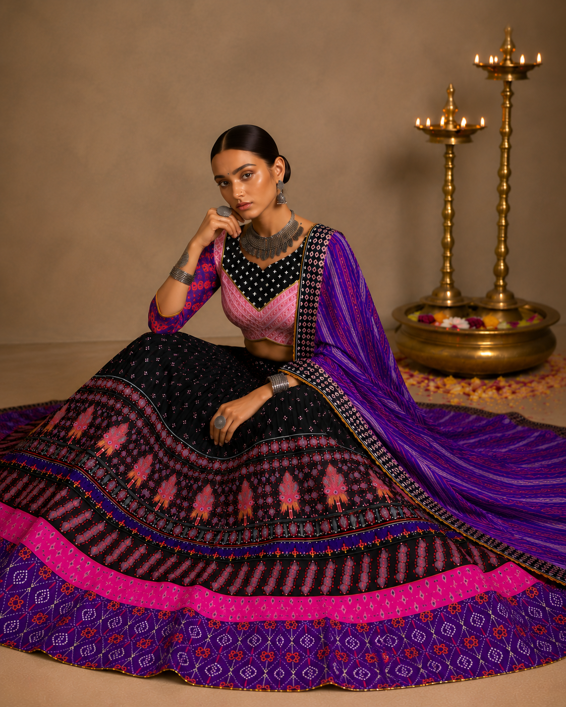 Black Digital Print Mirror Work Navratri Lehenga Set
