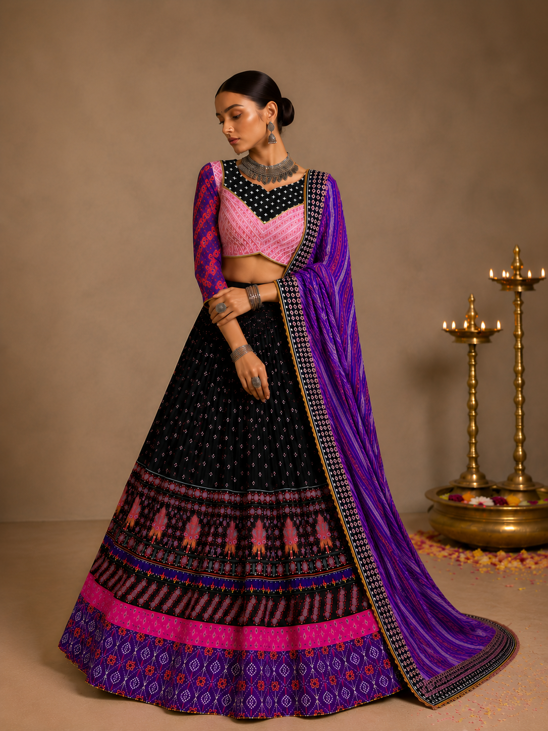 Black Digital Print Mirror Work Navratri Lehenga Set