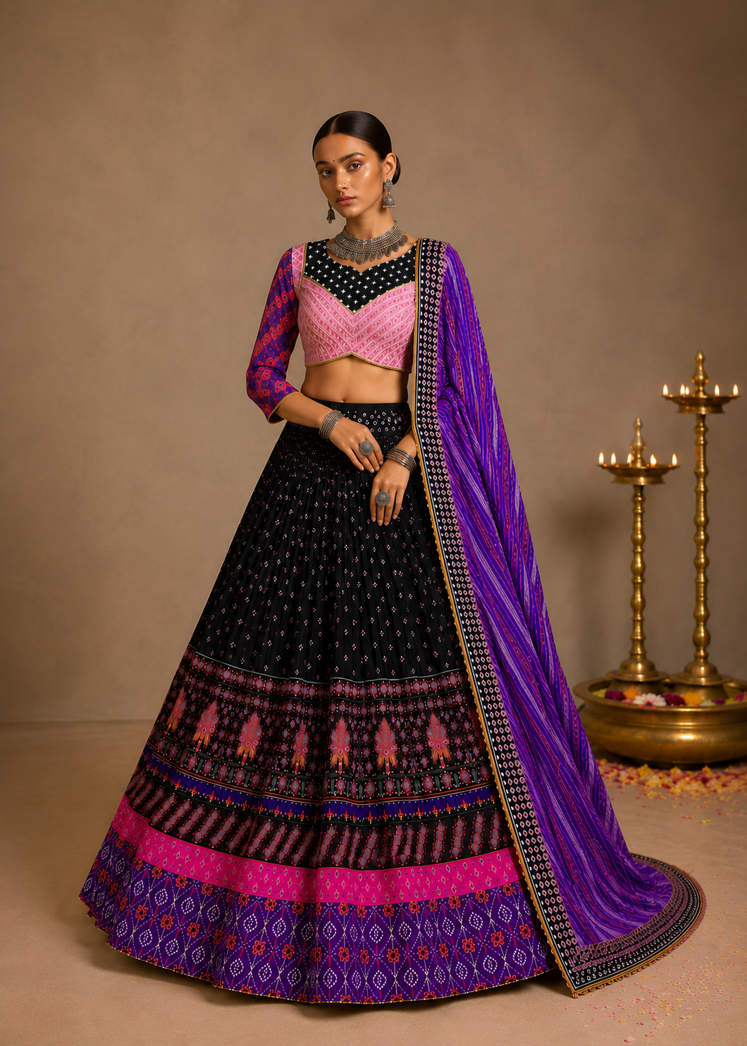 Black Digital Print Mirror Work Navratri Lehenga Set