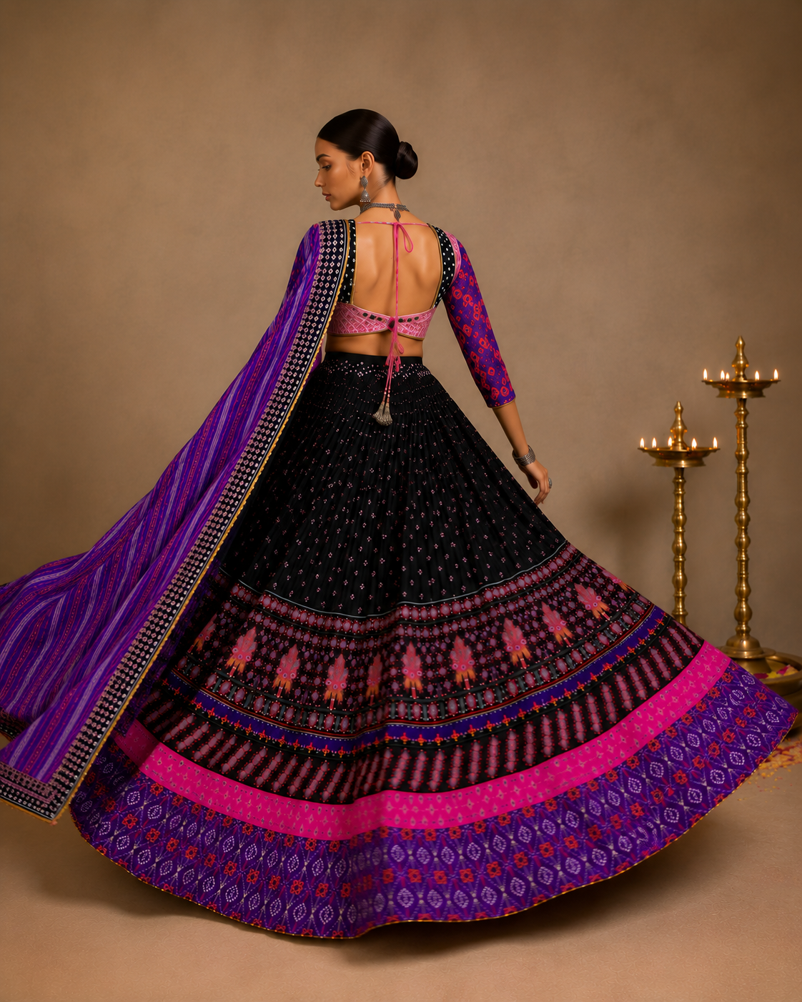 Black Digital Print Mirror Work Navratri Lehenga Set
