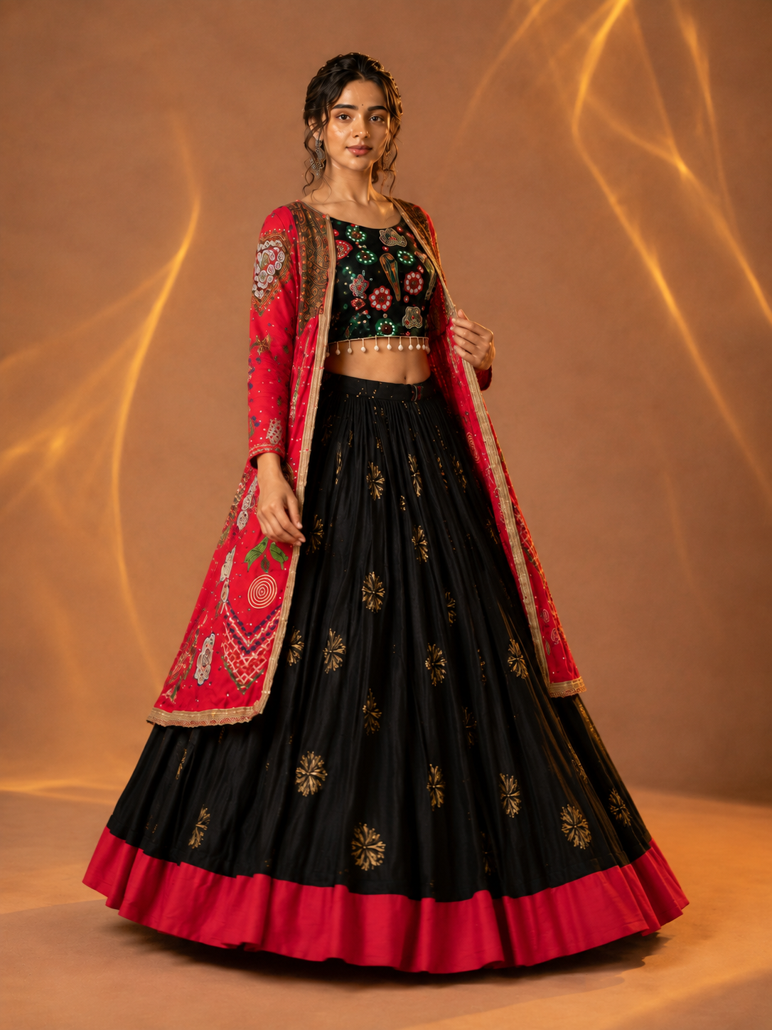 Mirror Work Muslin Cotton Navratri Lehenga Set with Shrug