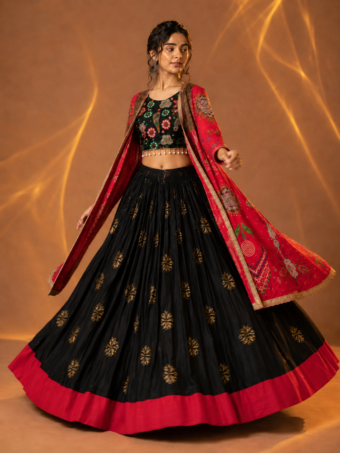 Mirror Work Muslin Cotton Navratri Lehenga Set with Shrug