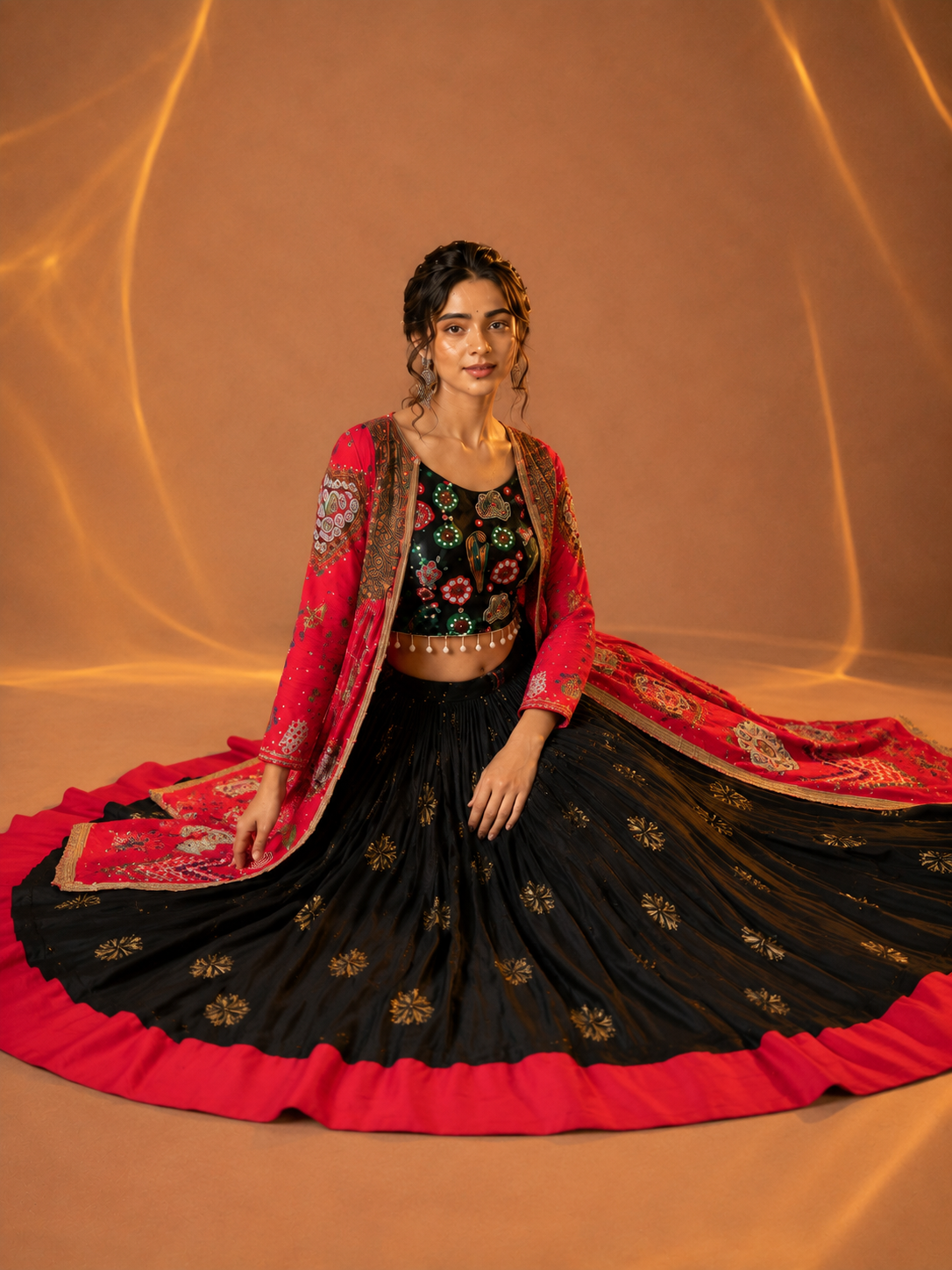 Mirror Work Muslin Cotton Navratri Lehenga Set with Shrug