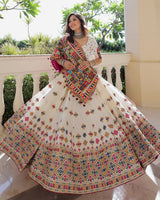 White Pink Mirror Work Navratri Lehenga Set