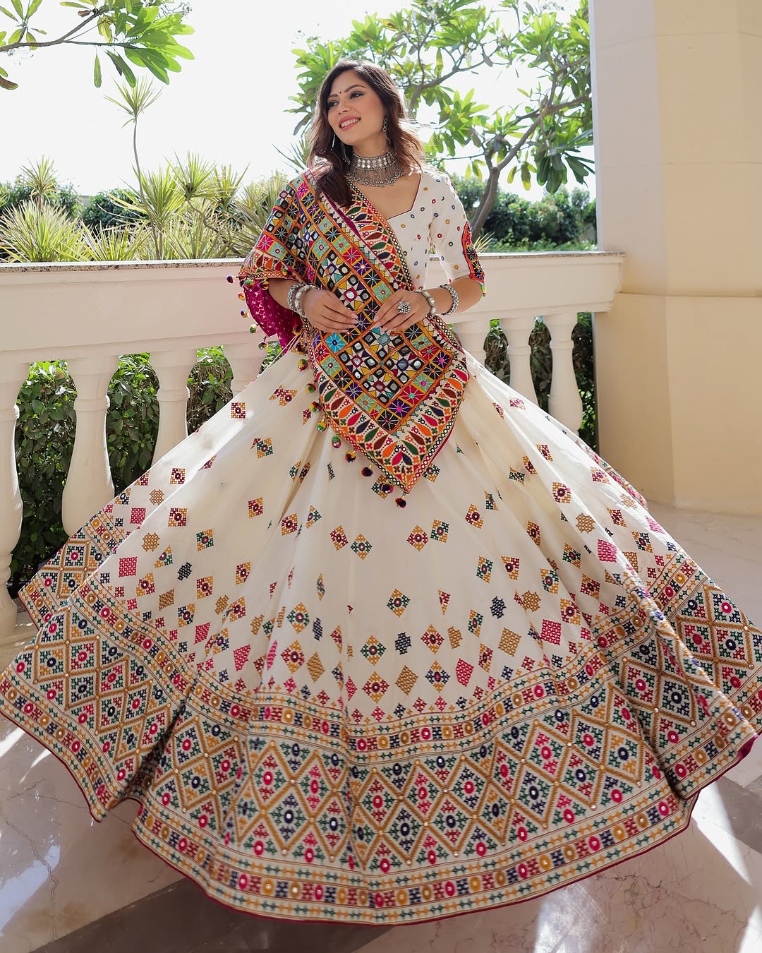 White Pink Mirror Work Navratri Lehenga Set