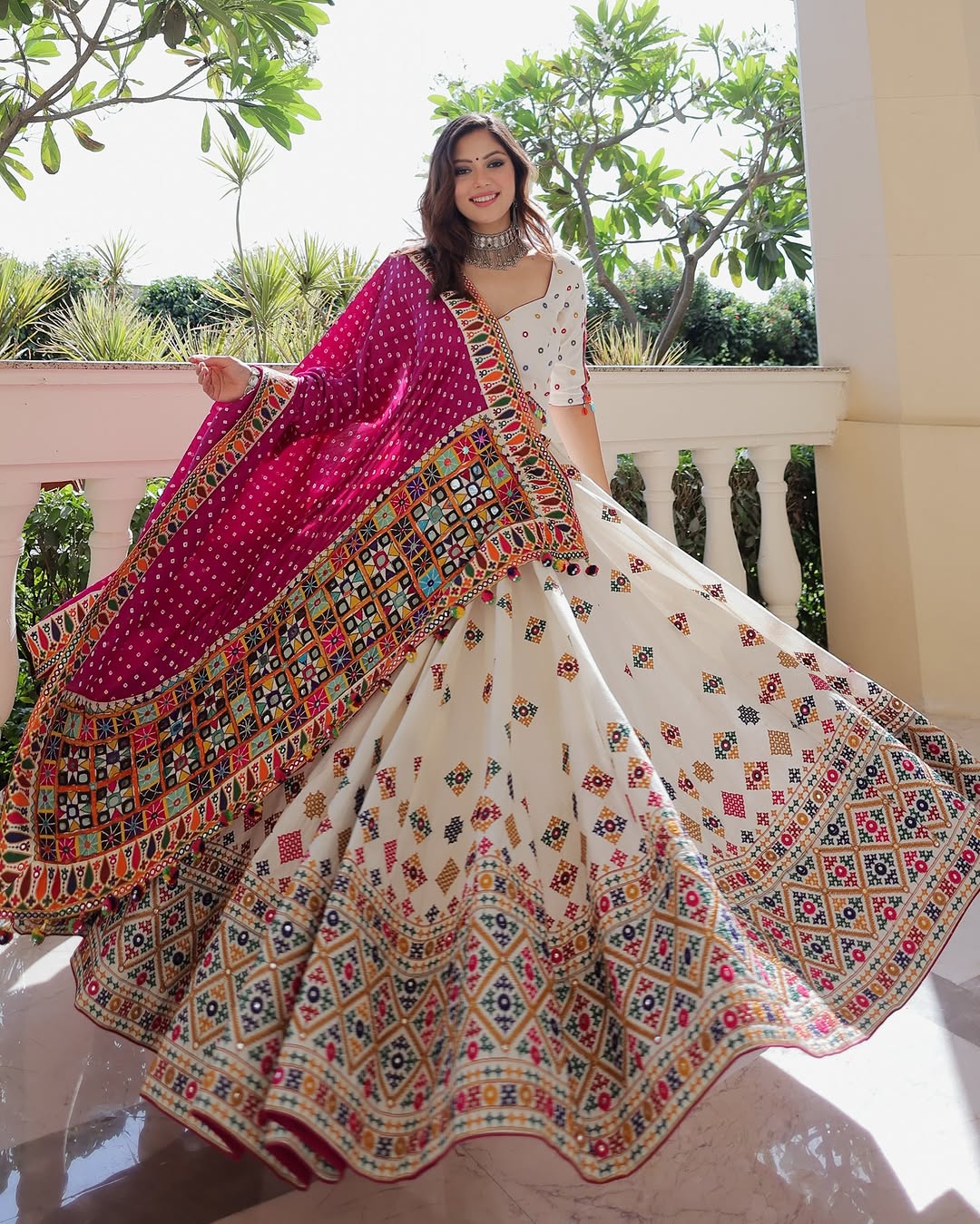 White Pink Mirror Work Navratri Lehenga Set