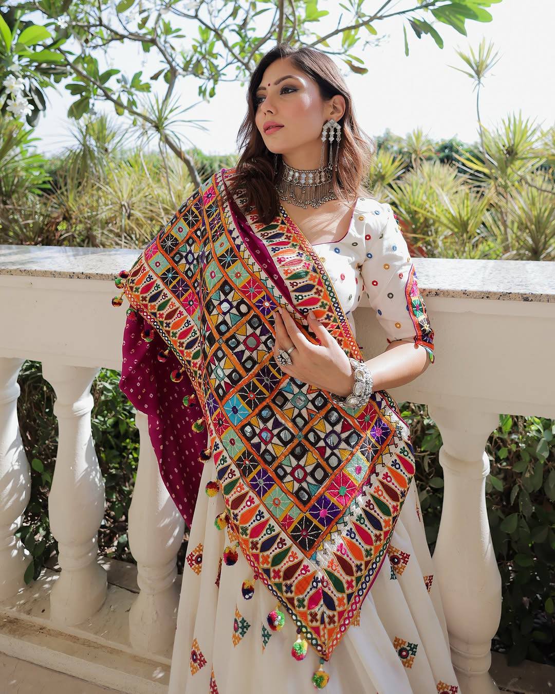 White Pink Mirror Work Navratri Lehenga Set