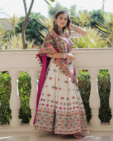White Pink Mirror Work Navratri Lehenga Set