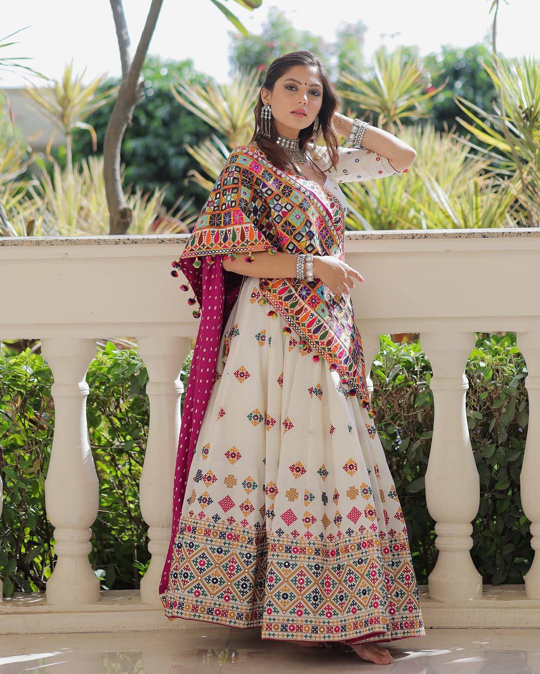 White Pink Mirror Work Navratri Lehenga Set