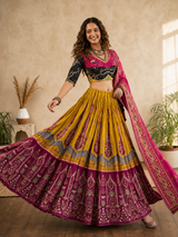 Rangmohini Mirror Work Navratri Lehenga Set - Mustard Pink
