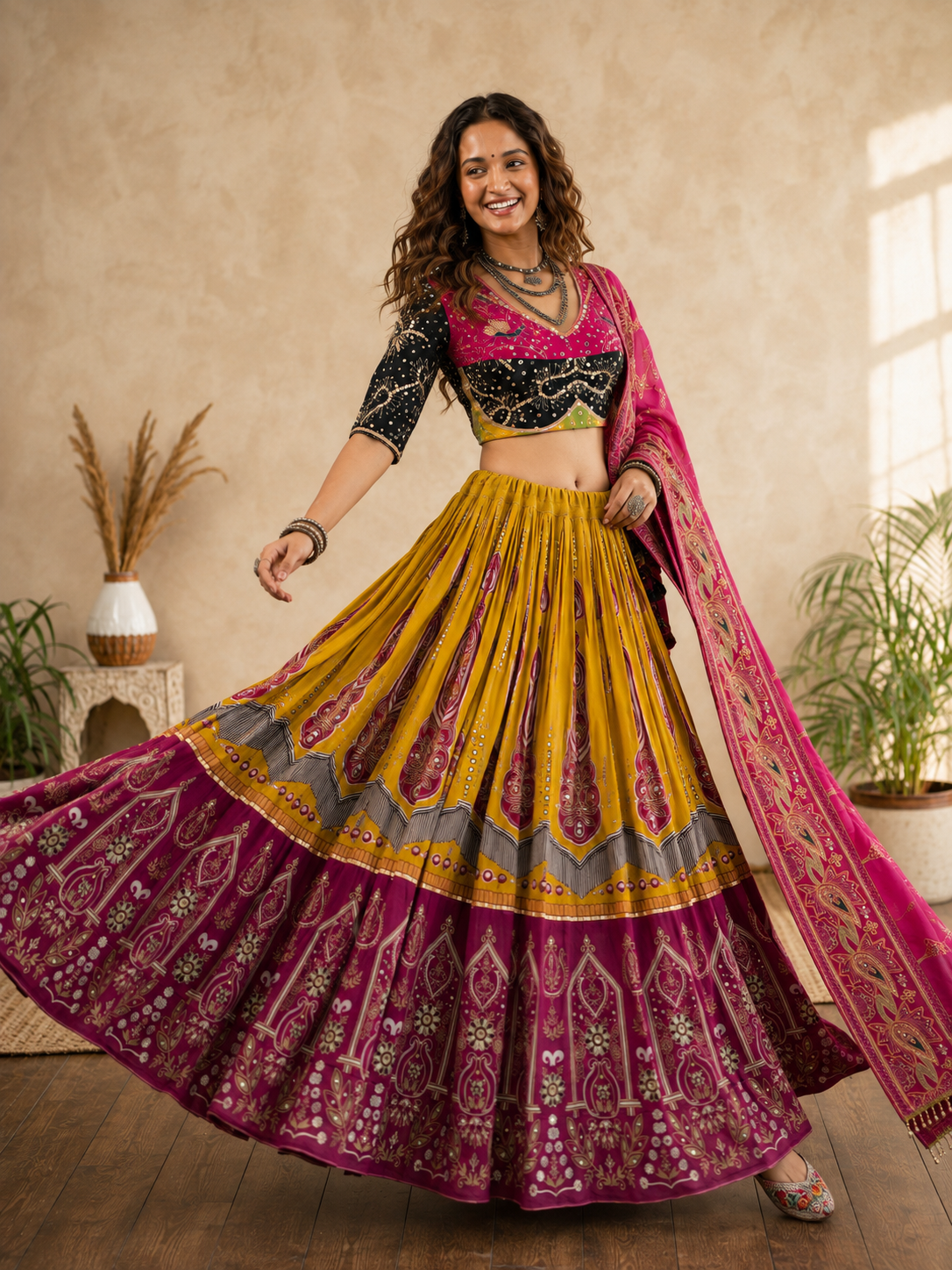 Rangmohini Mirror Work Navratri Lehenga Set - Mustard Pink