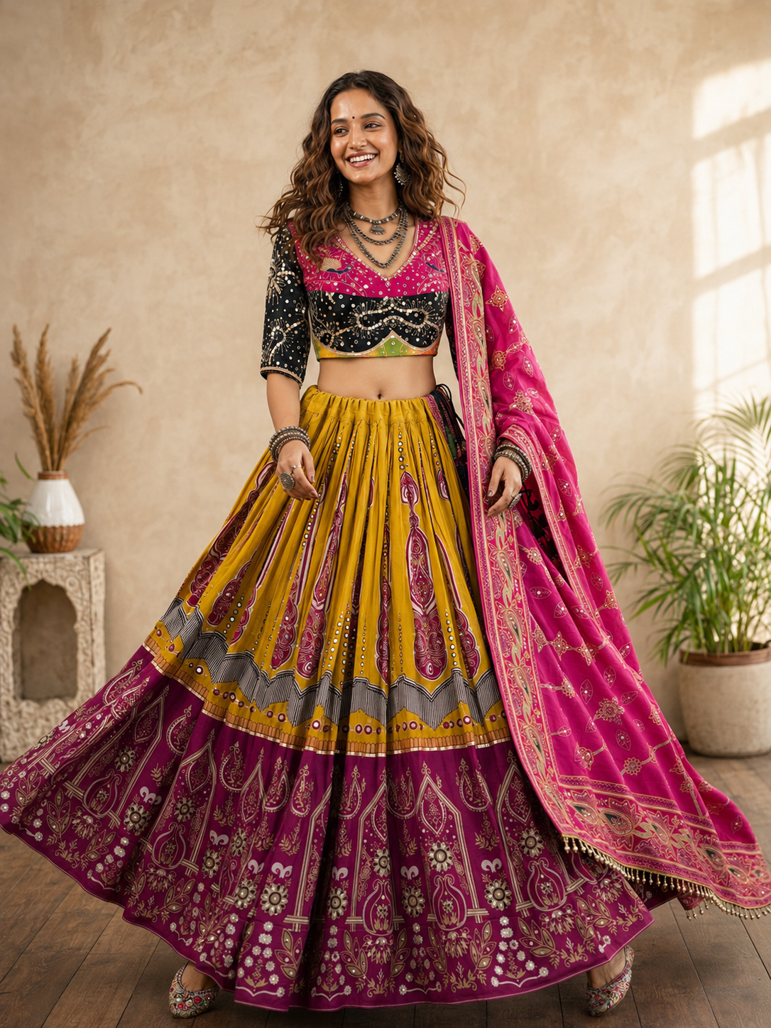 Rangmohini Mirror Work Navratri Lehenga Set - Mustard Pink
