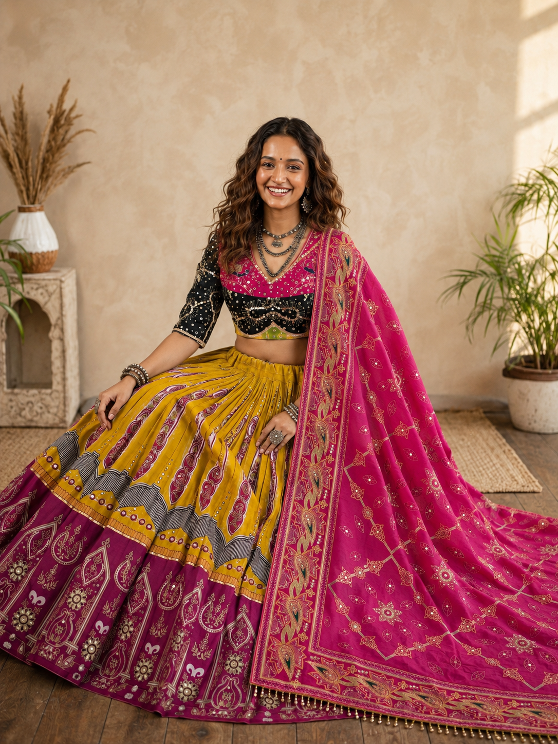 Rangmohini Mirror Work Navratri Lehenga Set - Mustard Pink