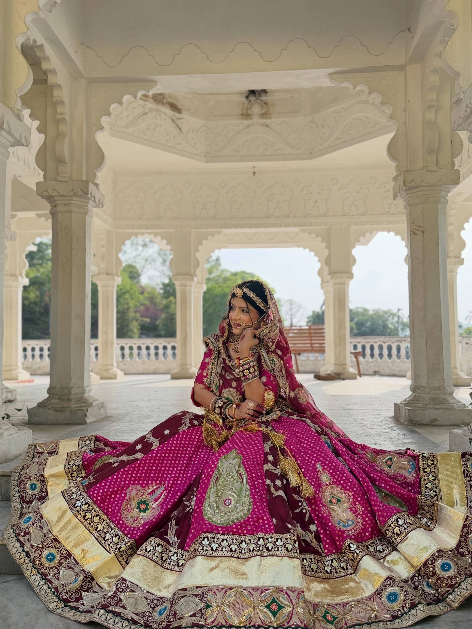 Madhurya Wine & Rani Pink Mirror Work Navratri Lehenga Set