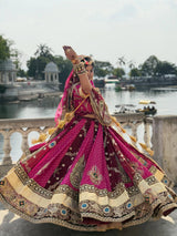 Madhurya Wine & Rani Pink Mirror Work Navratri Lehenga Set