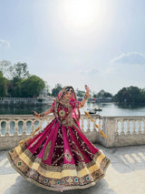 Madhurya Wine & Rani Pink Mirror Work Navratri Lehenga Set