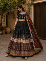 Digital Print Mirror Work Navratri Lehenga Set - Black